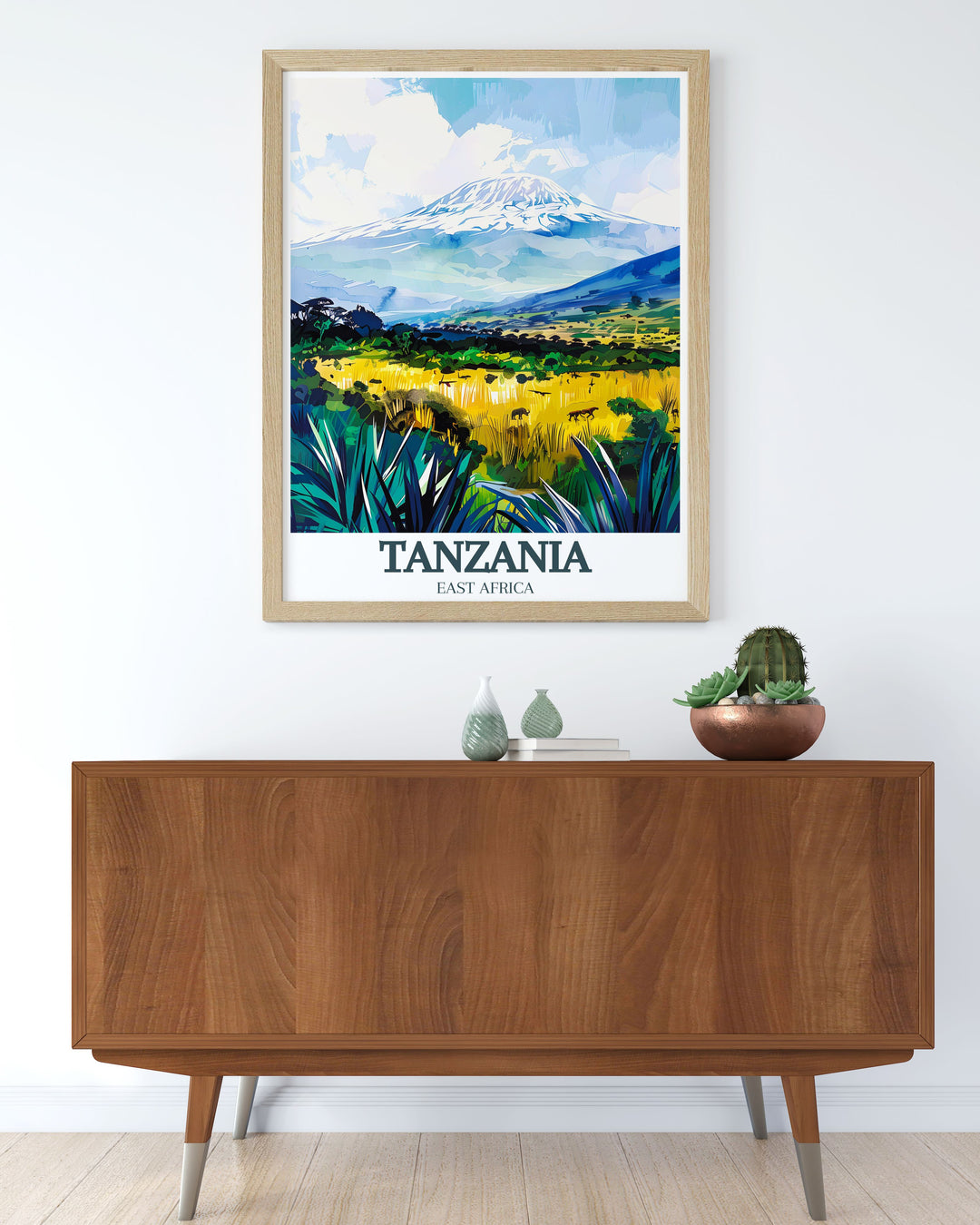 Serengeti and Tanzania travel poster featuring the majestic wildlife of the Serengeti paired with Mount Kilimanjaro Arusha National Park Artwork ideal for bucket list travelers looking to bring the beauty of Africa into their home or office space.