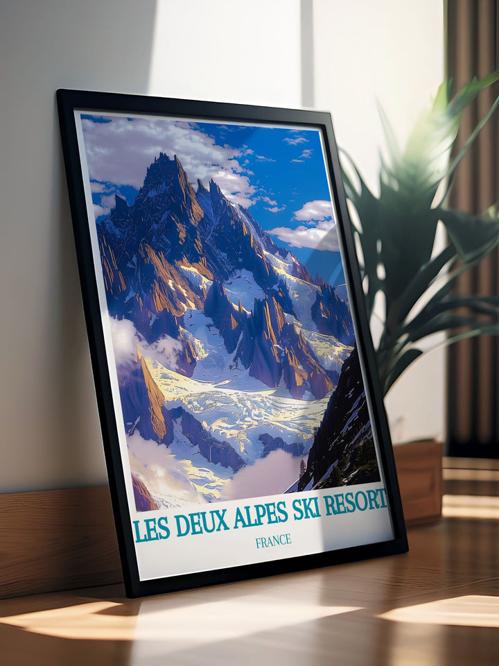 This travel poster showcases Les Deux Alpes Ski Resort in the French Alps, capturing the vibrant ski village and snow covered slopes, ideal for adding a touch of alpine adventure to your home decor.