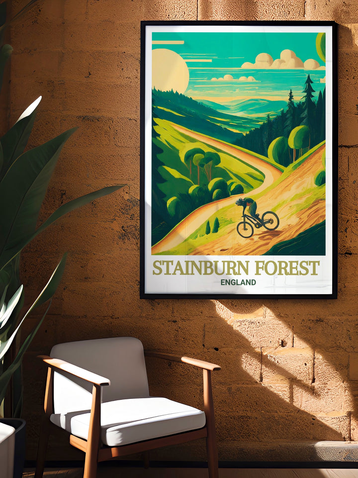 Elevate your living room decor with Stainburn Forest Mountain Bike Trails art. This print captures the energy and natural beauty of Yorkshire MTB trails, making it an ideal choice for cycling fans and art collectors who love the outdoors and mountain biking.