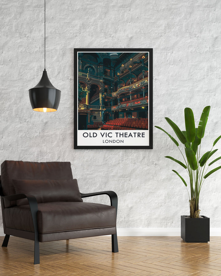 This beautiful art deco travel poster features the main auditorium of The Old Vic Theatre in London. Capturing the grandeur and history of one of the West Ends most iconic theatres, this Old Vic print makes a stylish addition to any home décor or a thoughtful gift for theatre lovers.