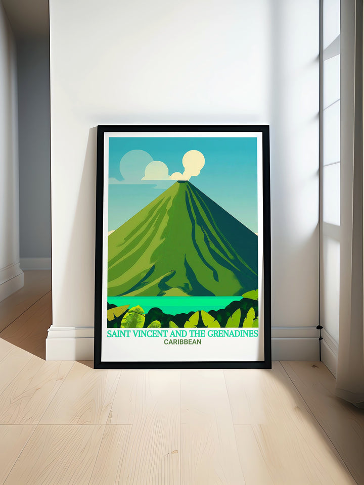 Canvas art featuring the lush greenery and dramatic landscapes of Saint Vincent and the Grenadines, highlighting the towering La Soufrière Volcano. Ideal for creating a serene and inspiring atmosphere in your home or office.