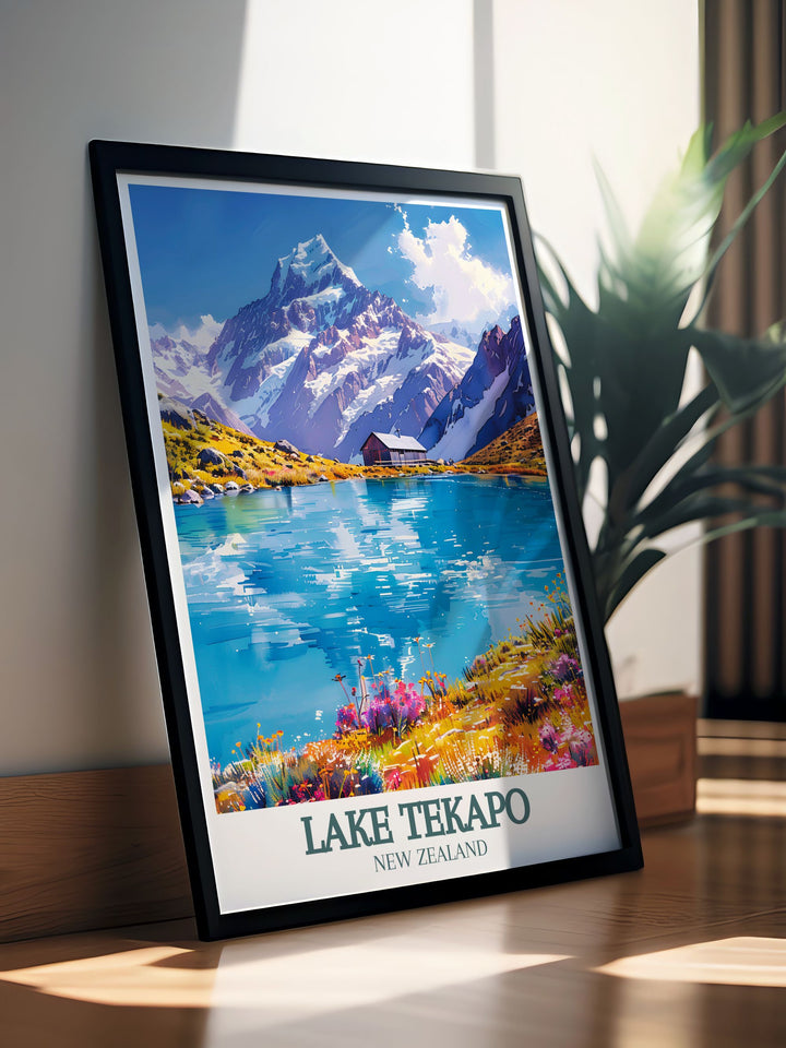 Showcasing the tranquil ambiance of Lake Tekapo, this poster features the vibrant turquoise waters and the surrounding majestic mountains. Perfect for those who appreciate serene and picturesque landscapes.