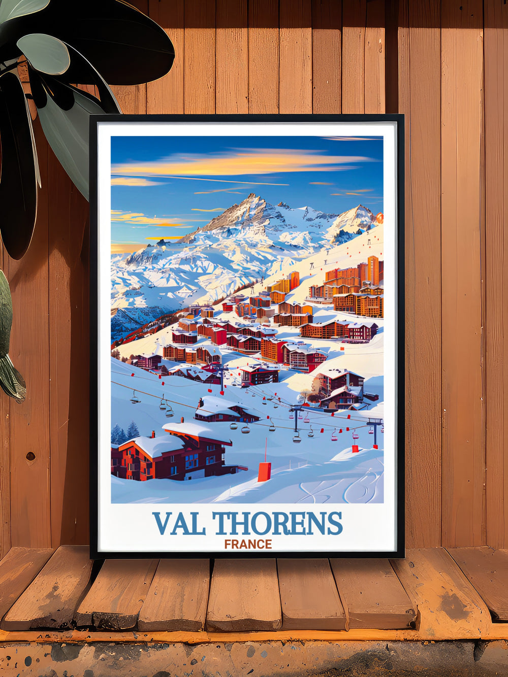 Ski resort print of Val Thorens Ski Resort captures the excitement of skiing and the beauty of the French Alps perfect wall art for ski lovers who want to bring the thrill of the slopes into their home or workspace with a vibrant and stylish poster.