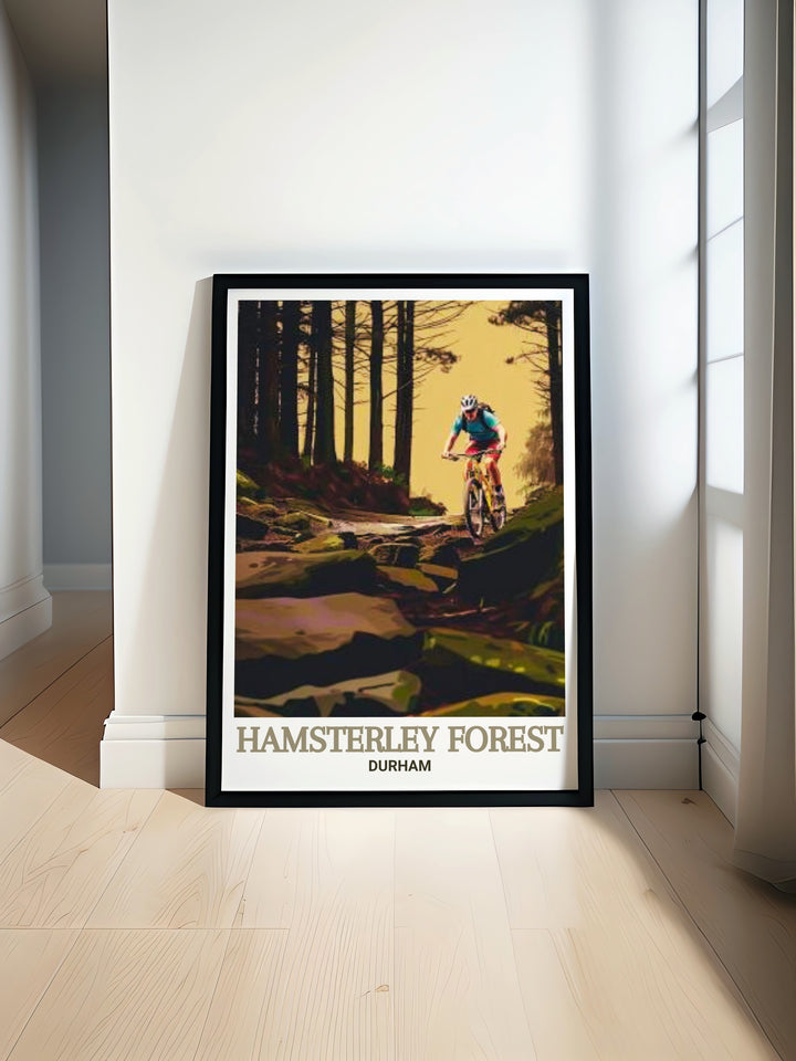 Explore Hamsterley Forest Adventure Play Area with this vibrant mountain biking art print featuring thrilling mountain bike trails perfect for home decor and a unique gift for outdoor enthusiasts who love adventure