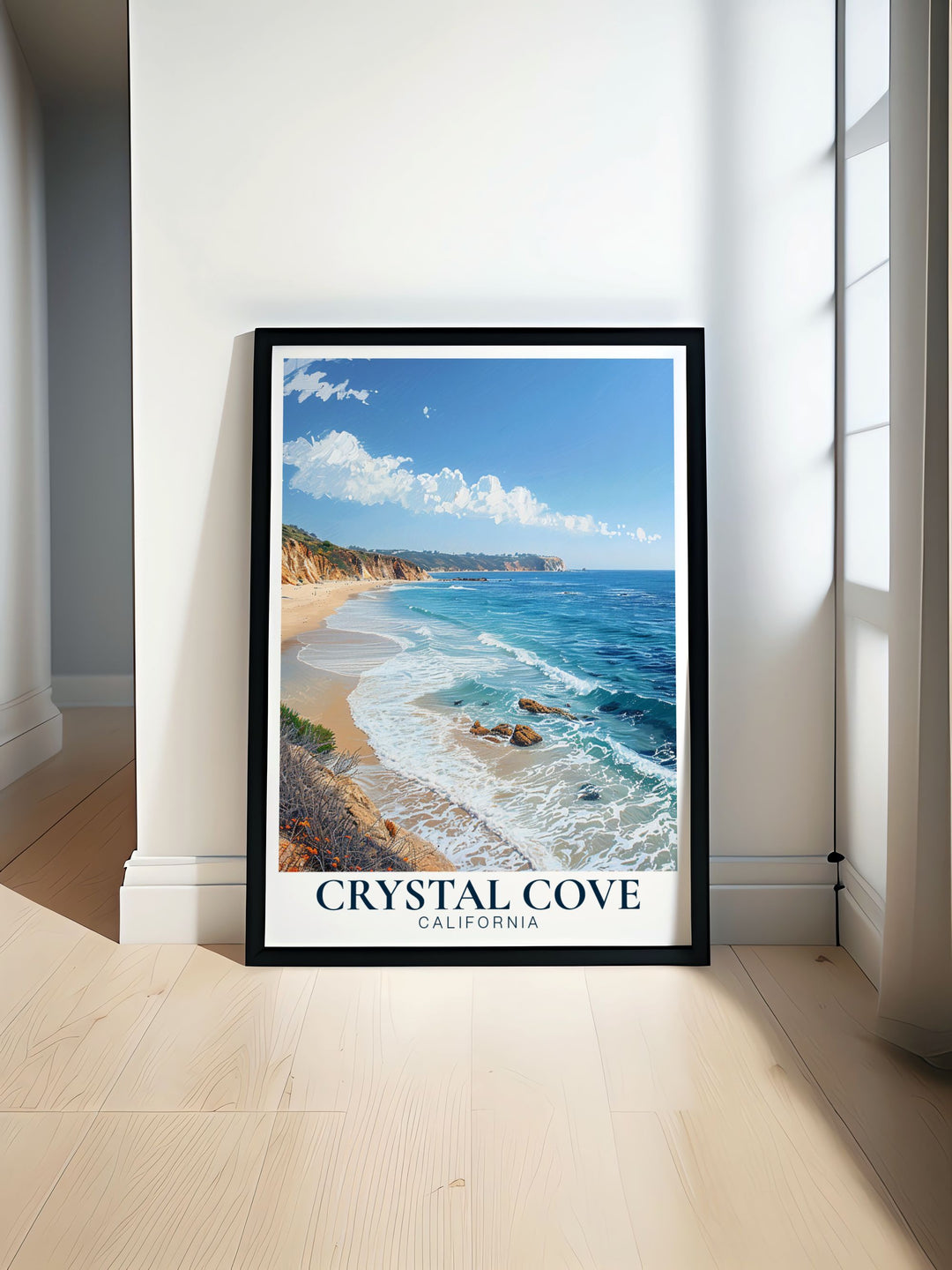 Crystal Cove State Park Beach travel poster capturing the serene beauty of Californias coastline perfect for enhancing your home decor with vibrant artwork that evokes the charm of Crystal Cove State Park Beach a great addition to any room for a touch of coastal elegance.