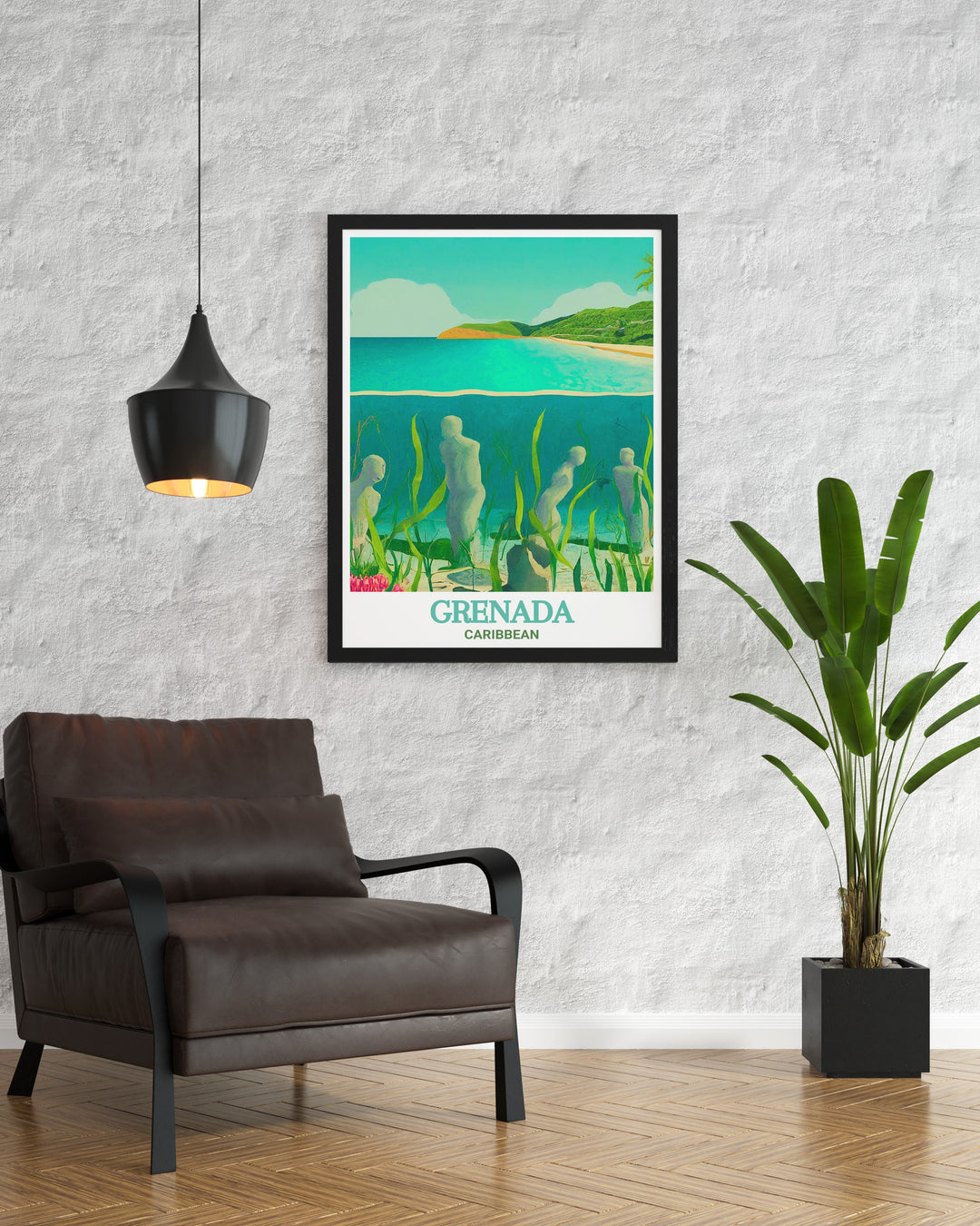 Underwater Sculpture Park travel print featuring the ethereal beauty of Grenadas underwater art installation. Perfect for home decor and gifts. Capture the magic of the Caribbean with this vibrant wall art. A beautiful addition to any room.