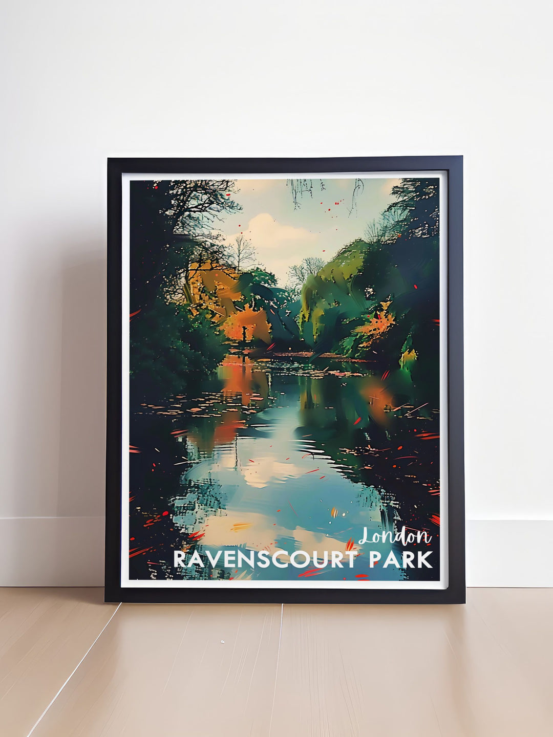 Beautiful Ravenscourt Park Lake Poster capturing the serene ambiance of the parks lake. Perfect for travel enthusiasts, this vintage travel print adds a peaceful and historic charm to any space, showcasing one of Londons most cherished green spaces.