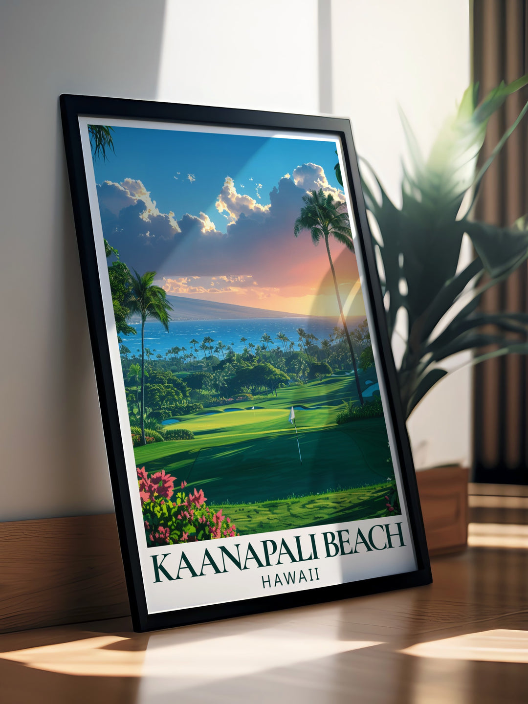 Kaanapali Beach vintage poster highlighting the elegance and natural beauty of this Hawaiian gem. The travel art celebrates both the beach and the renowned Kaanapali Golf Courses, making it a great addition to any collection for those passionate about Hawaii and outdoor activities.