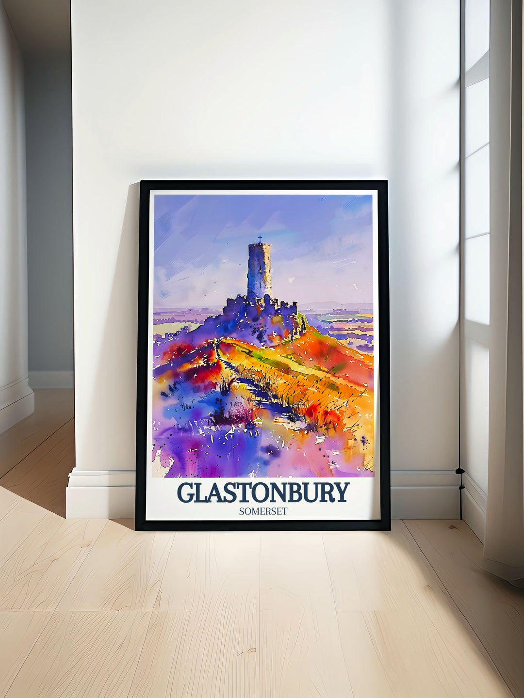 Stunning Glastonbury Tor art featuring St. Michaels tower and Somerset levels perfect for adding a touch of England wall art to your home ideal for UK art enthusiasts and those seeking unique Glastonbury gifts or England travel art for their decor.