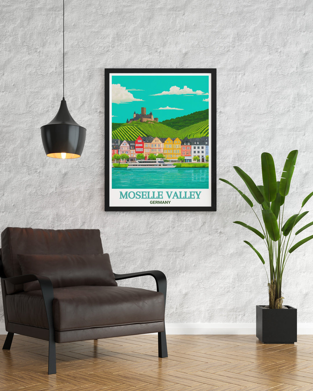 Stunning Moselle Valley travel art print featuring Bernkastel Kues surrounded by picturesque vineyards and river views. Perfect Germany decor for those who appreciate the beauty of nature and European culture in their home or office.