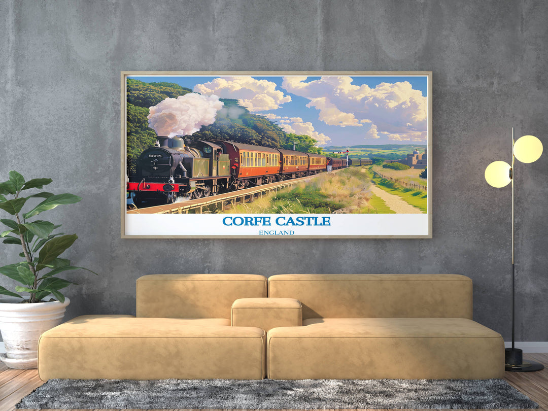 Swanage Railway artwork featuring a historic train traveling through the English countryside a perfect addition to any collection of England wall art