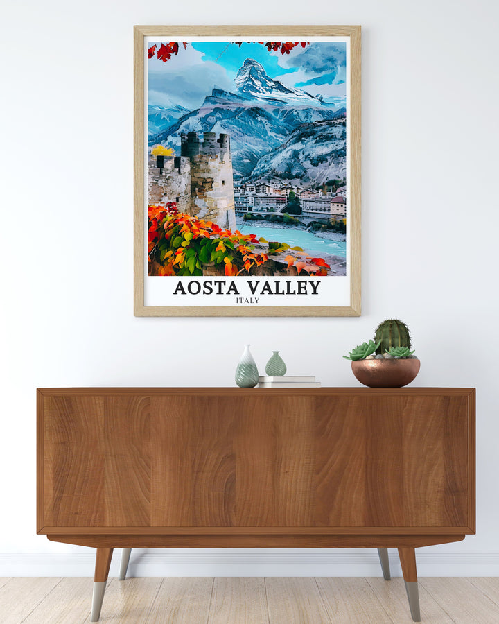 A vintage poster featuring Aosta Valley, Bard, and Monte Rosa, beautifully capturing the timeless allure of Italys alpine regions. This Italy travel print offers a nostalgic look at these iconic landmarks, with a design that complements both modern and classic decor styles. Printed on high quality paper, this poster is perfect for adding a touch of Italys charm to your home. A great gift for lovers of vintage art and Italian culture.