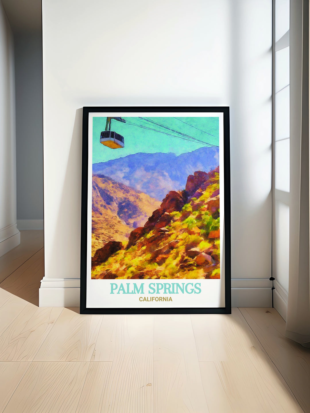 Scenic poster of Palm Springs featuring the Yellow Hotel and Palm Springs Aerial Tramway, showcasing the picturesque views and lively atmosphere. This artwork is perfect for adding a touch of Palm Springs charm to your home decor, making it a great choice for anyone who appreciates fine art and travel.