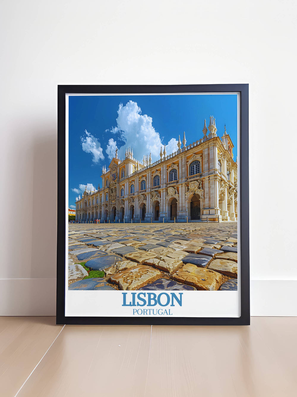 Elegant Jeronimos Monastery Framed Print highlighting the stunning architectural features of the monastery ideal for sophisticated living room decor and Portuguese heritage art.