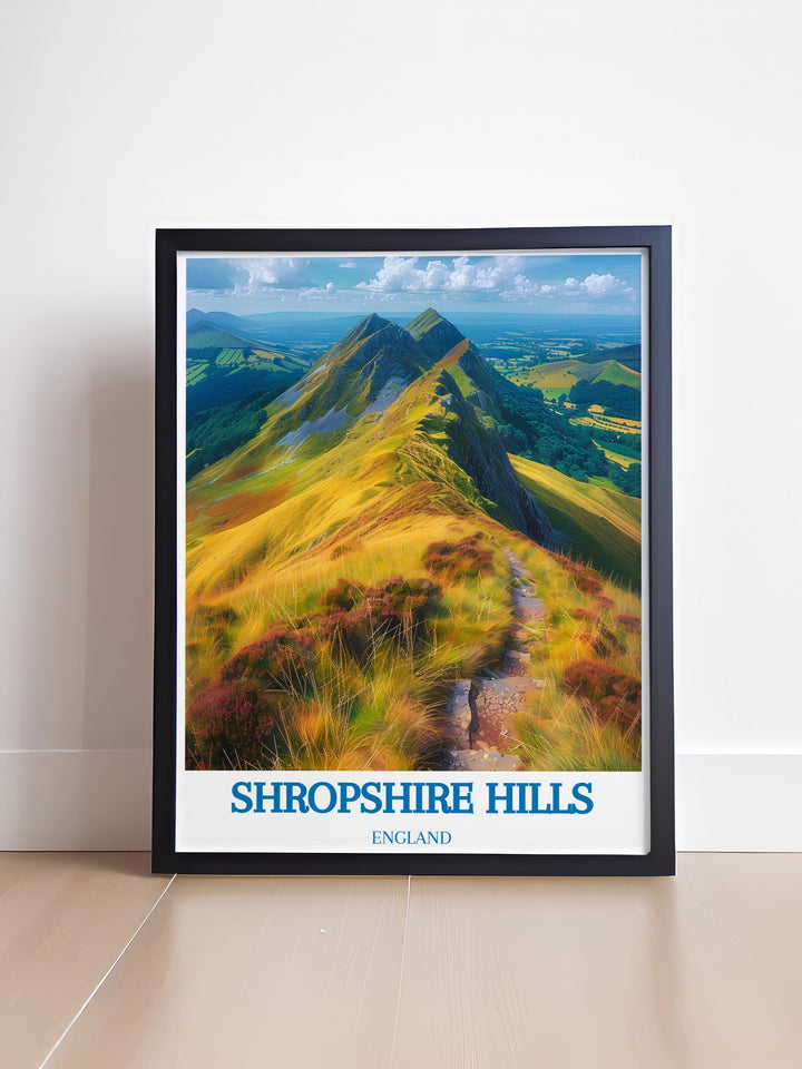 Ludlow Castle Modern Prints and Shropshire Hills Poster combine to create a beautiful depiction of the West Midlands AONB showcasing the rich cultural heritage and natural beauty of this region in a design that suits both modern and classic interiors.