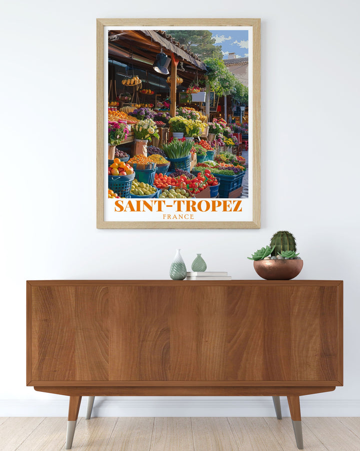 French Riviera art featuring St Tropez poster and Place des Lices Market framed prints. Add a coastal touch to your home decor with these stunning art pieces ideal for living rooms dining areas or as a thoughtful gift for art and travel lovers.