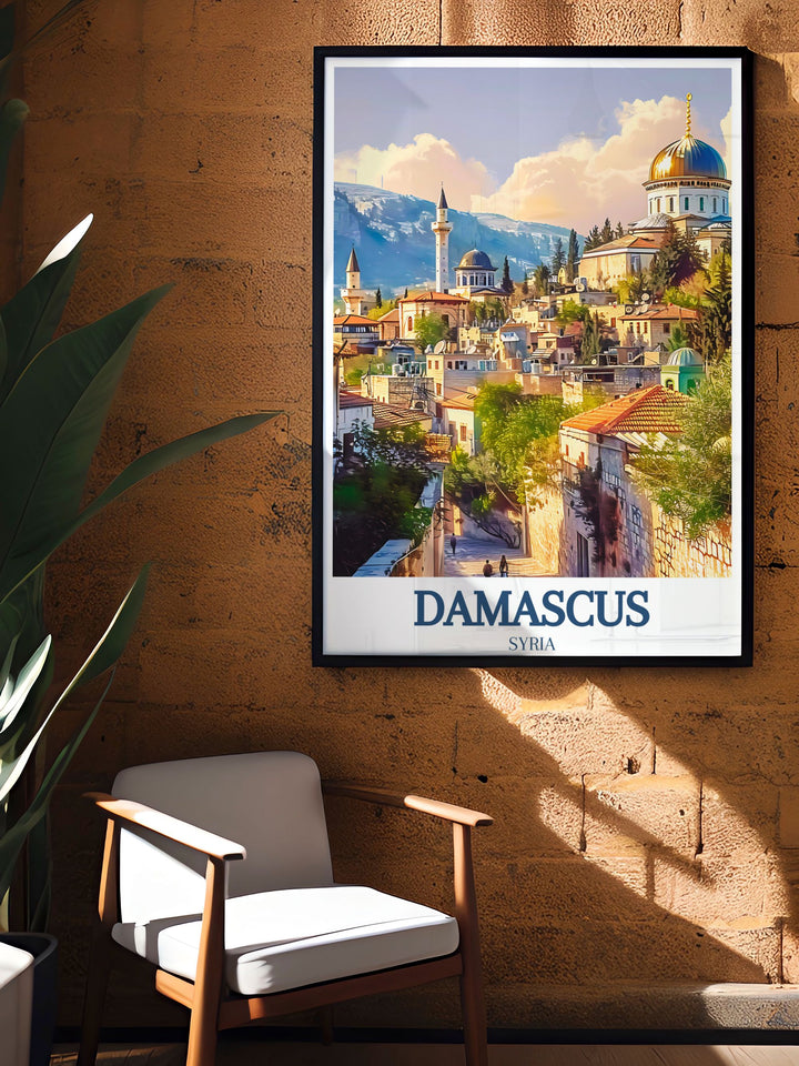 Explore the iconic Skyline of the Old City and Christian Quarter with this Damascus travel print. Perfect for art lovers and history enthusiasts, this canvas art brings a piece of the Middle Easts rich history into your home.