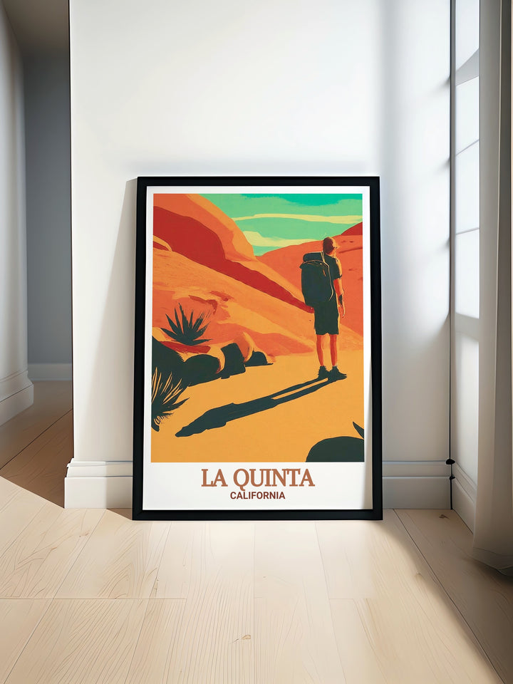 La Quinta poster print showcasing the natural beauty of the Cove Oasis Trailhead, nestled in Californias Coachella Valley. This travel print highlights the serene desert landscape, making it an ideal addition for nature lovers and adventurers. Perfect for adding a touch of wilderness to your home decor.