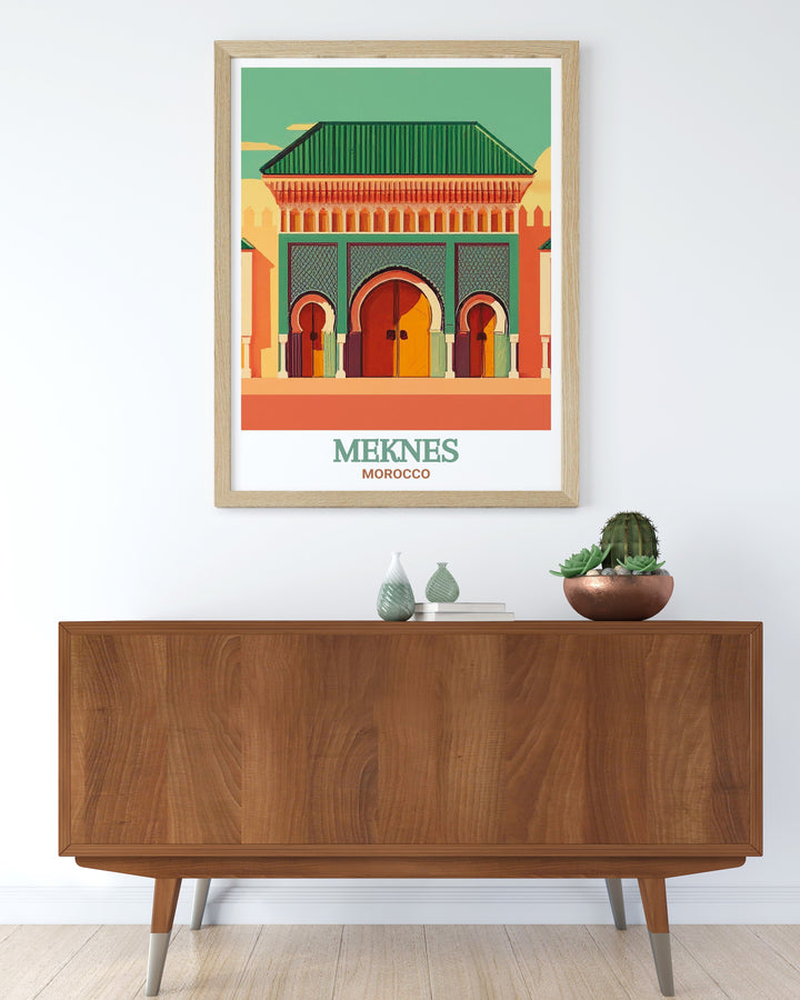 Transform your space with the vibrant colors and intricate details of this Royal Palace Meknes art print a stunning example of Morocco wall art perfect for those who love Moroccan culture and want to bring a piece of it into their home decor or give as a unique gift