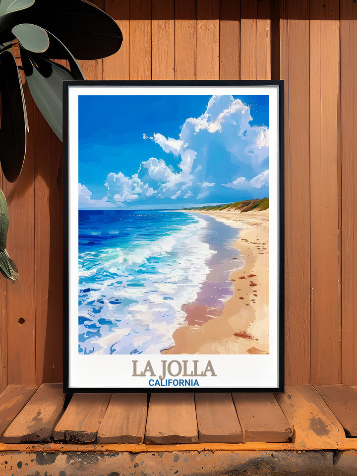 La Jolla Cove Poster Print captures the stunning coastline of La Jolla, California, featuring the serene beauty of La Jolla Shores Beach. This travel print adds a touch of coastal elegance to your home, making it perfect for beach decor enthusiasts and those who appreciate the beauty of the Pacific.