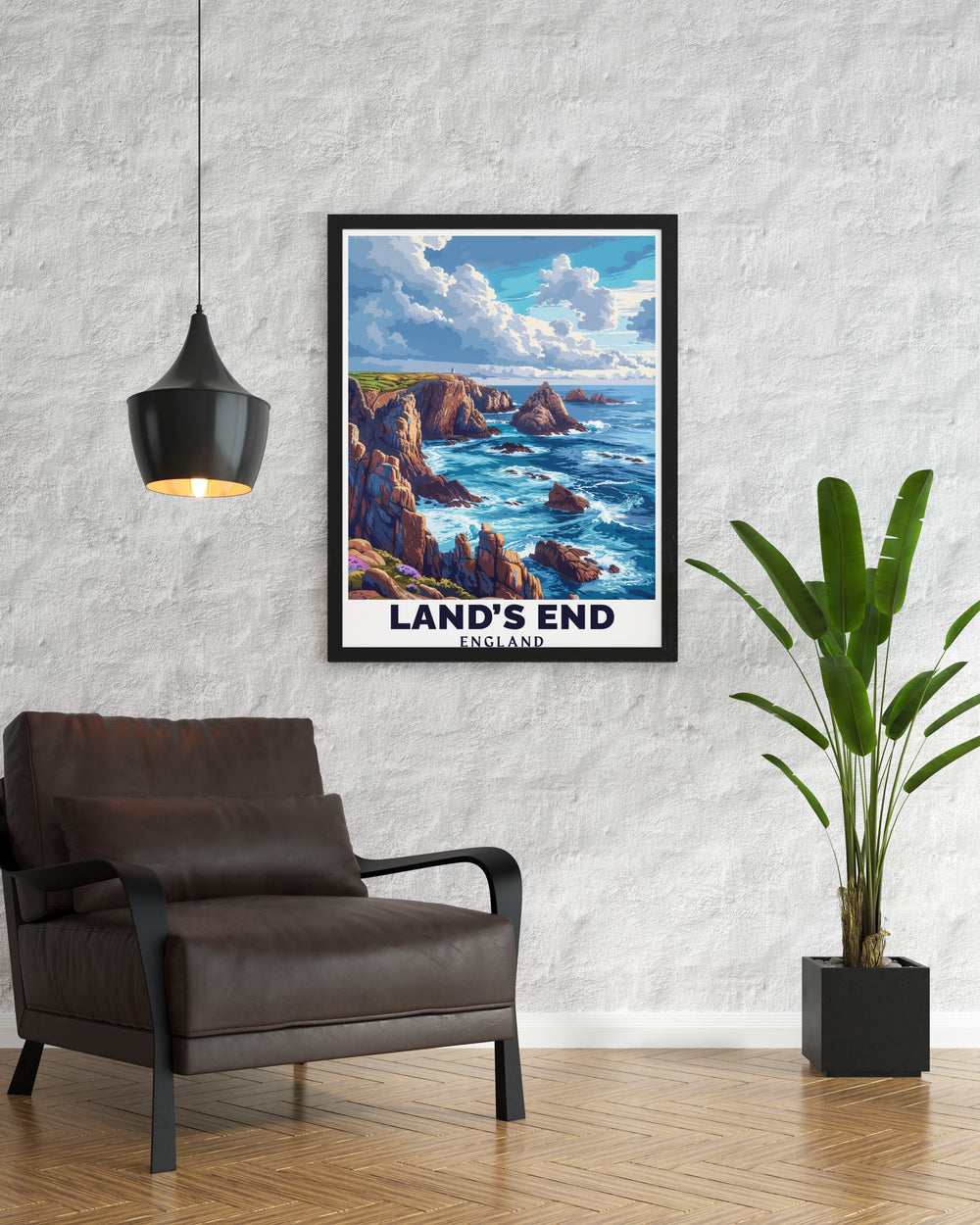 Capture the beauty of Cornwall with this Lands End poster print featuring the rugged Coast Line and breathtaking sea views. A perfect Cornwall gift for those who appreciate Cornwall art and elegant wall decor that adds a touch of coastal charm.