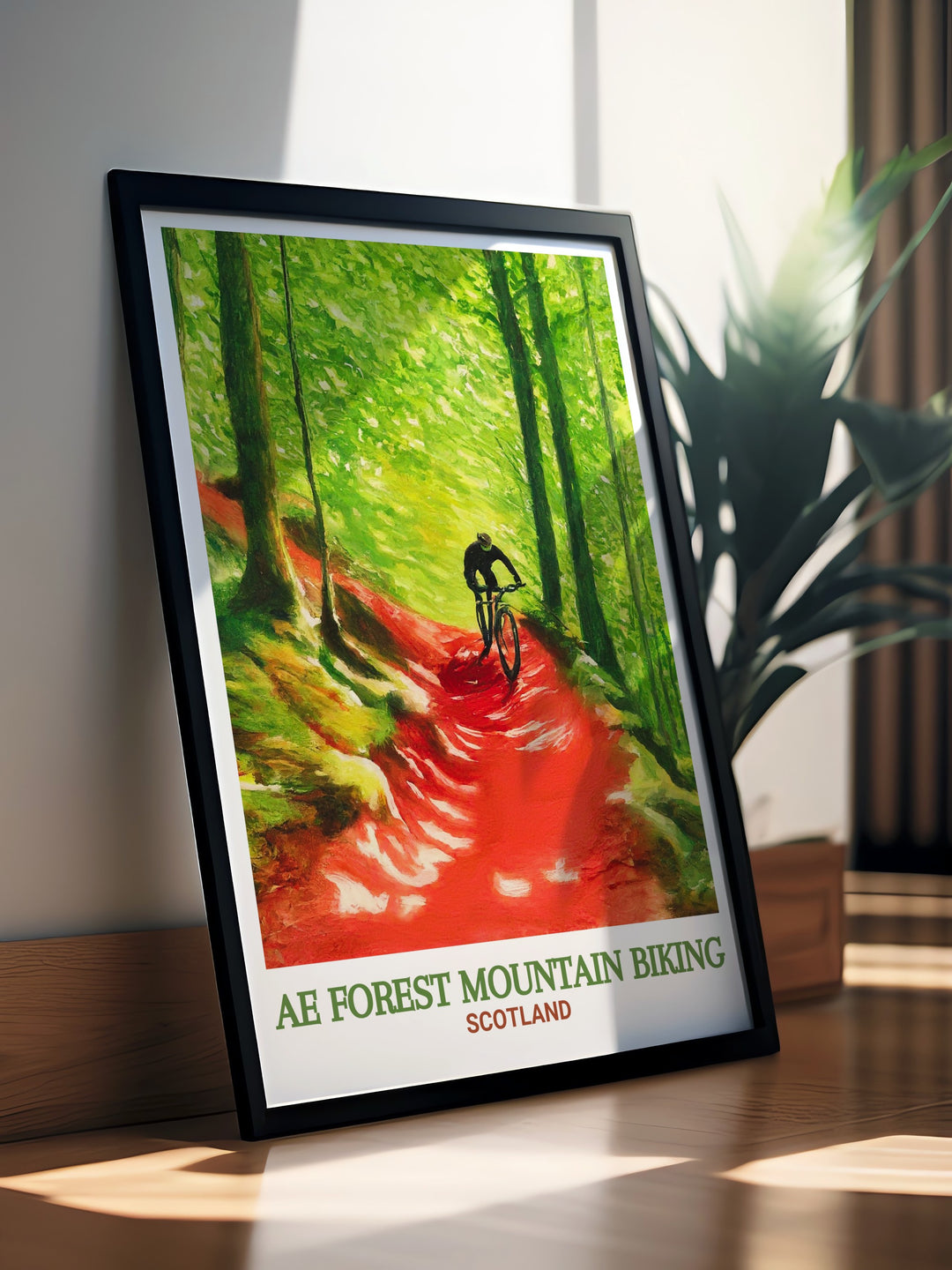 Scotland travel print illustrating the dynamic MTB trails of Ae Forest and the Ae Line. This artwork is designed for mountain biking enthusiasts and adds an exciting element to any room with its vivid depiction of Scotlands iconic trails.