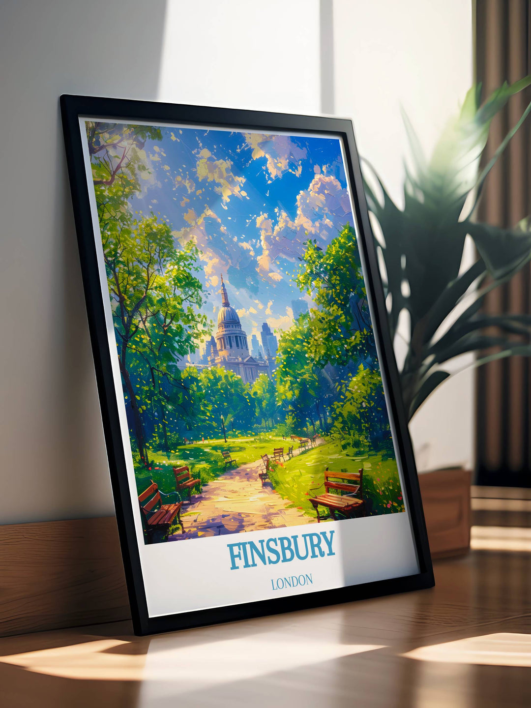 Use this tasteful Finsbury Park artwork to revamp your house. The artwork is a wonderful addition to any art collection and a stunning piece of home decor since it perfectly portrays the lively atmosphere and tranquil landscapes of the park.