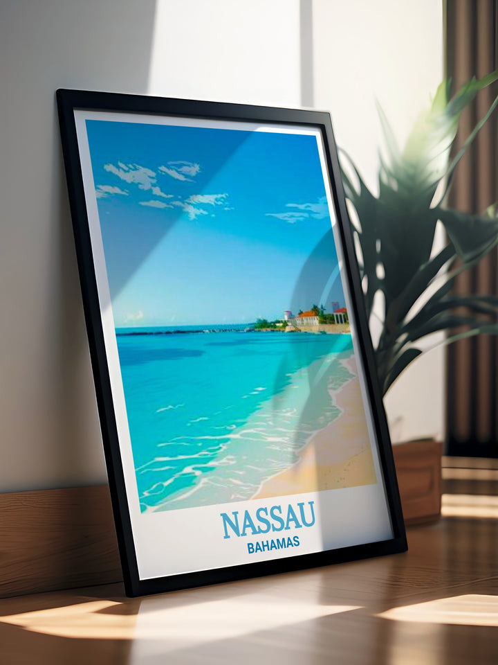 Nassau Poster Print featuring Junkanoo Beach, a popular coastal destination in the Bahamas, highlighting the vibrant atmosphere and crystal clear Caribbean waters. This travel print captures the essence of Nassaus beach culture, offering a stunning visual of one of the most iconic spots in the Caribbean.