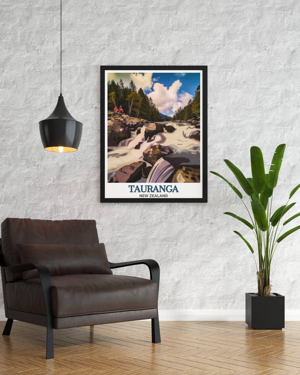 Beautiful New Zealand travel poster of McLaren Falls Park captures the serene vistas of Tauranga ideal for adding natural beauty to your living room decor