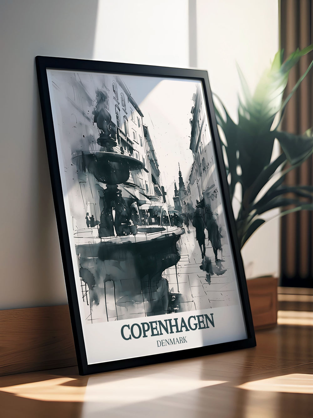 Elevate your living space with this stunning Copenhagen poster showcasing Stroget street, Stork Fountain. The artwork captures the bustling energy and historic architecture, making it an ideal addition to any room. Perfect for those who love travel and unique art.