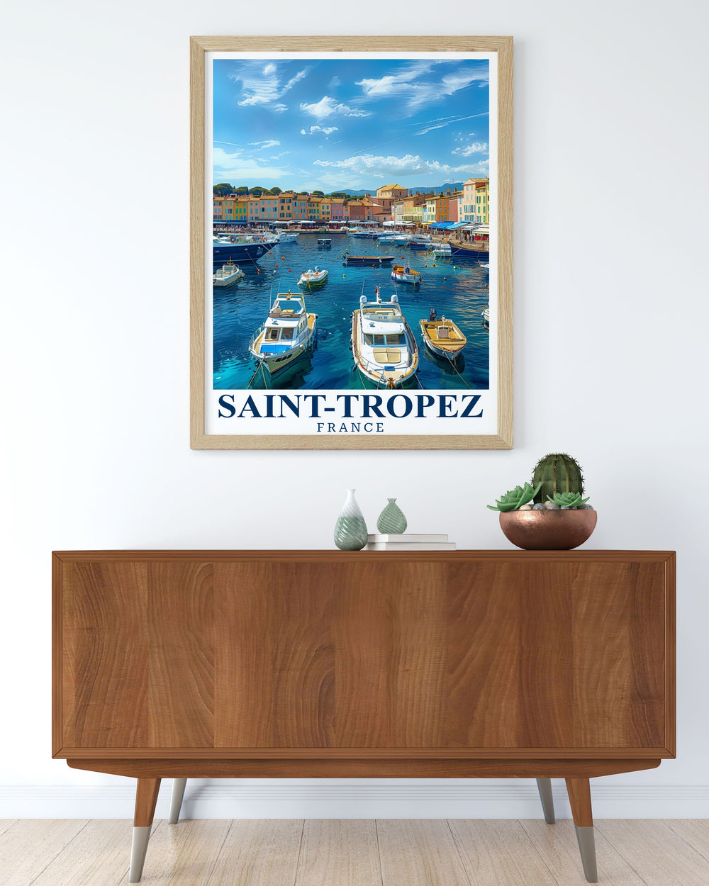 Elegant St Tropez poster paired with Port of St Tropez framed prints to create a timeless piece of French Riviera art. This beautiful wall art is ideal for adding a touch of luxury and sophistication to your home decor with its vivid Mediterranean scenery.