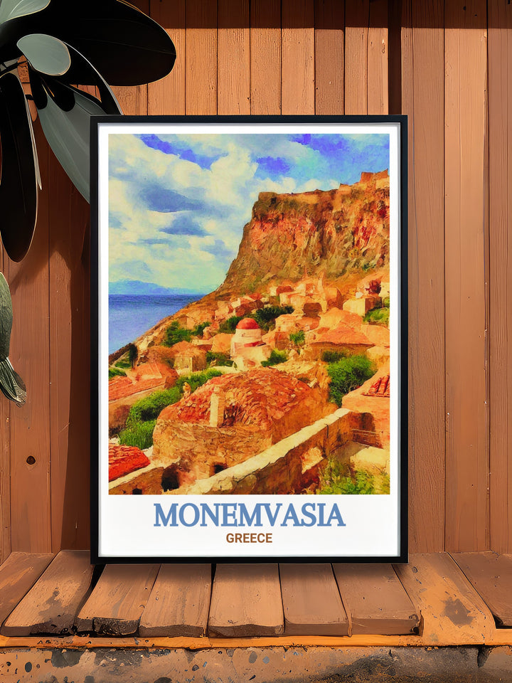 Monemvasia Vintage Poster inspired by classic travel posters, featuring the historic charm of the Lower Town in Monemvasia. This vintage style poster combines nostalgia with the allure of Greeces ancient sites, perfect for adding character to any space.