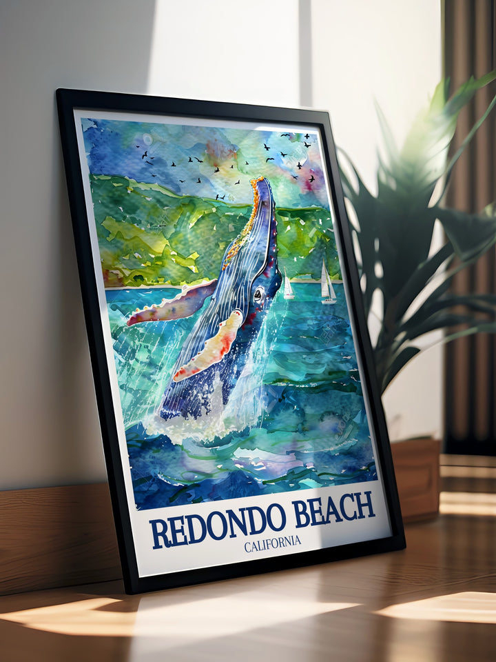 Redondo Beach travel print illustrating the calm beauty of Redondo Beach alongside the thrilling whale watching adventures that Southern California offers. This wall poster is perfect for those who dream of exploring the natural wonders of the Pacific Coast.