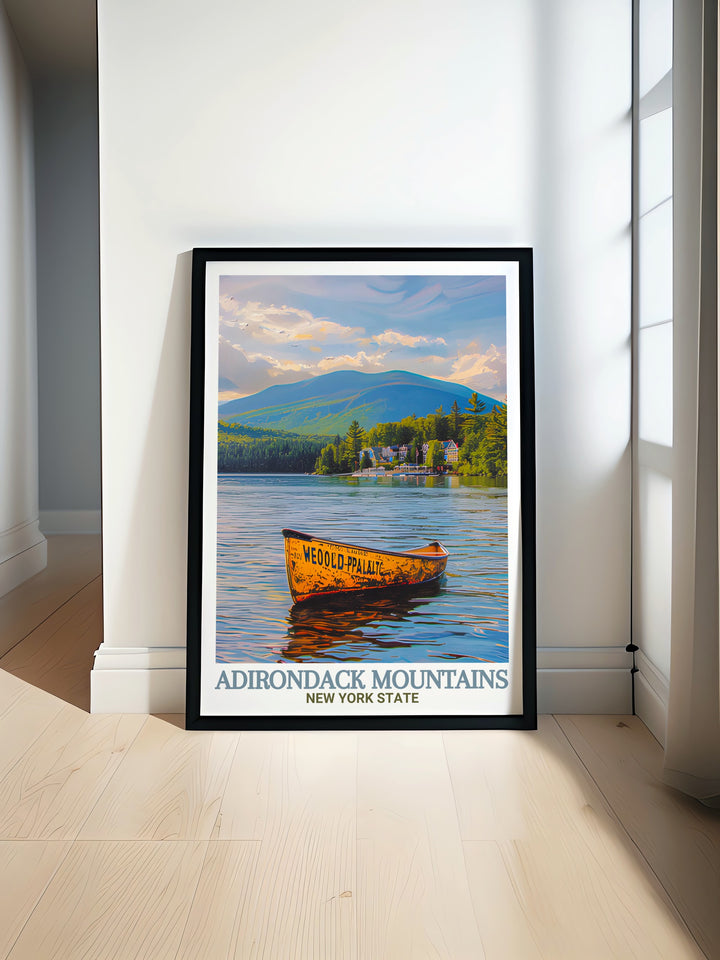 Discover the beauty of Lake Placid with this stunning Adirondack Mountains art print featuring a vibrant city color palette and elegant design perfect for any living room bedroom or office decor