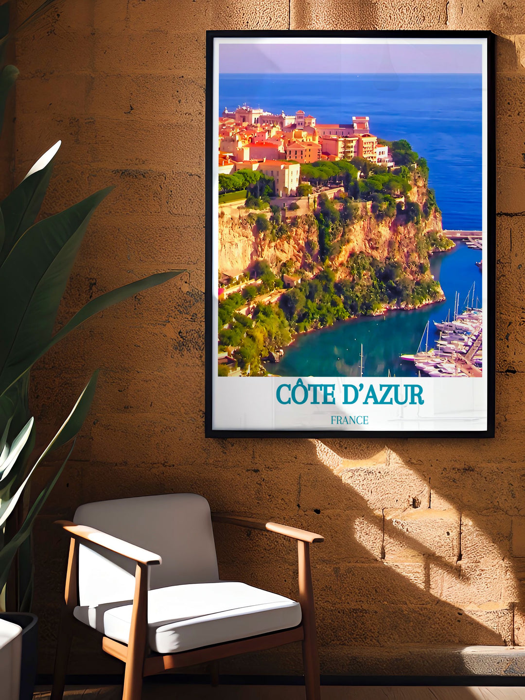 Framed art print of the Côte dAzur, showcasing the stunning Le Rocher and its surroundings. The artwork captures the natural beauty and historical significance of this landmark, with its panoramic views of Monaco and the Mediterranean Sea, perfect for any art lover.