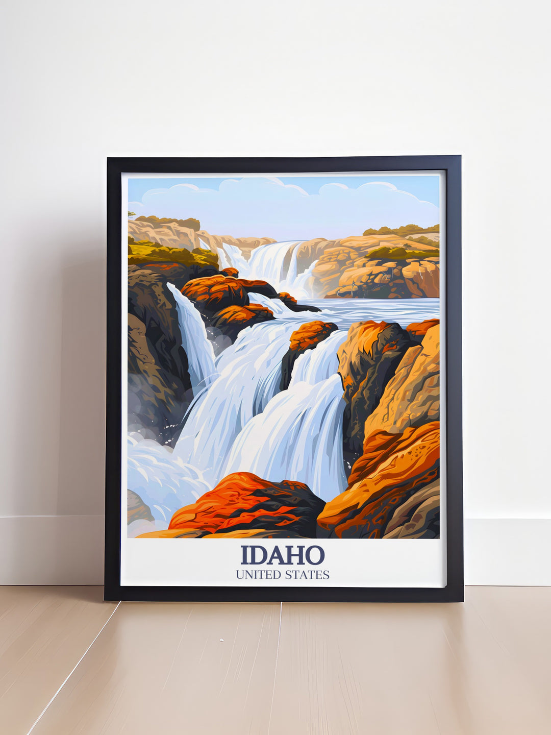 An Idaho wall art piece that celebrates the grandeur of Shoshone Falls. Known as the "Niagara of the West," this travel poster brings the power and beauty of Idahos most famous waterfall into any space, perfect for travelers and outdoor enthusiasts alike.