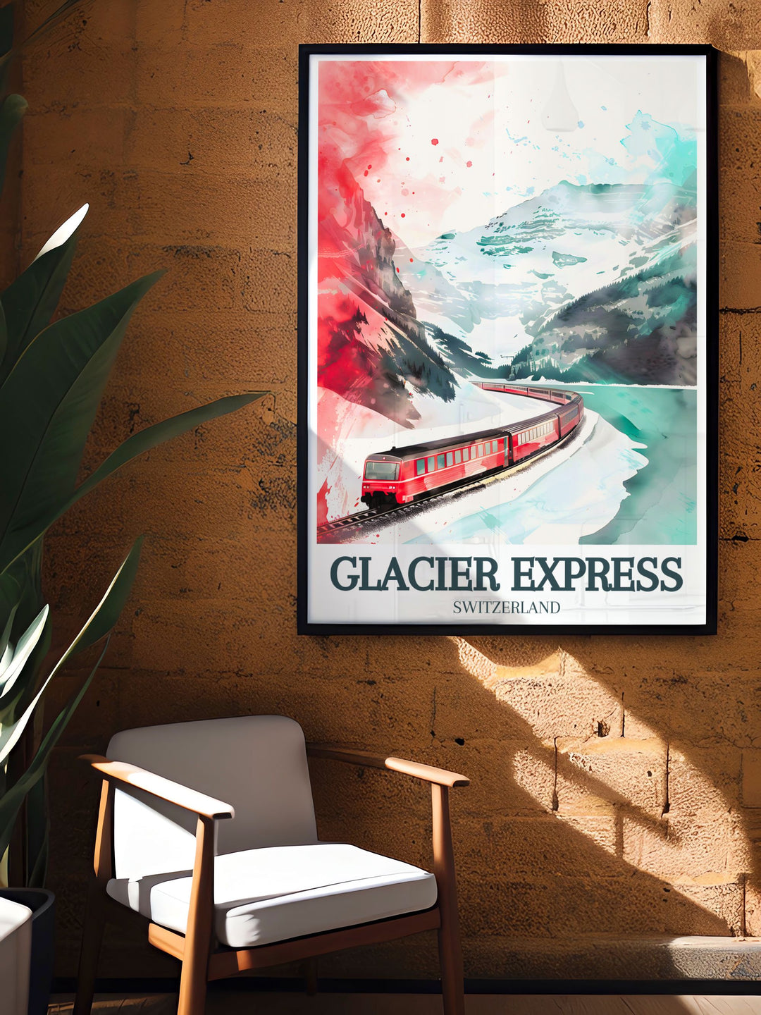 Transform your walls with the stunning living room decor of the Glacier Express train Oberalp Pass showcasing the iconic train journey through the heart of the Swiss Alps