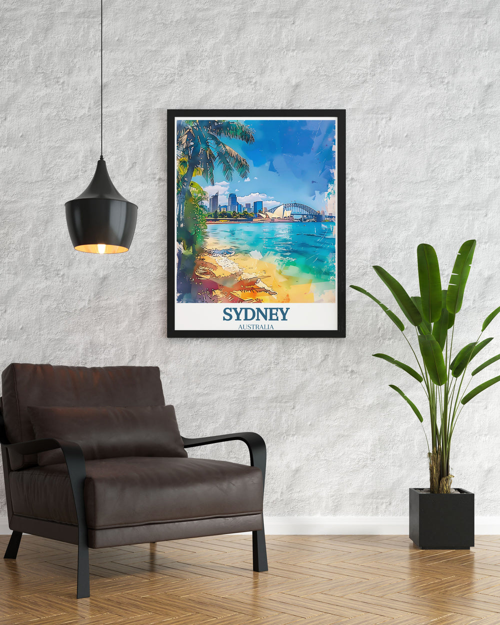 Captivating Sydney Opera House and Sydney Harbour Bridge print in a retro travel poster style ideal for those who love Australia art and want to bring a piece of Sydney into their living space with vibrant and detailed illustrations