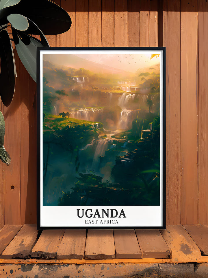 Victoria Nile travel posters displaying the serene flow and lush riverbanks of this majestic Ugandan river. Perfect for those who love nature and adventure. Add these vibrant prints to your wall decor to inspire wanderlust and admiration for Ugandas natural wonders.