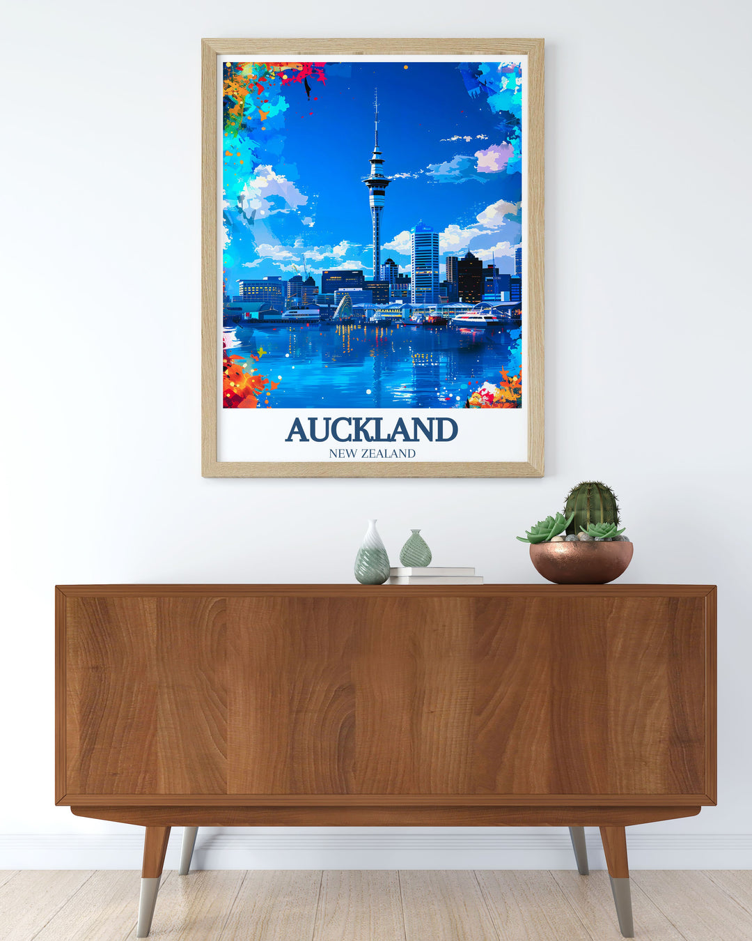 High quality New Zealand poster of the Sky Tower, the tallest freestanding structure in the Southern Hemisphere. This artwork captures the architectural marvel and offers a stunning view of Aucklands dynamic cityscape, perfect for home or office decor.