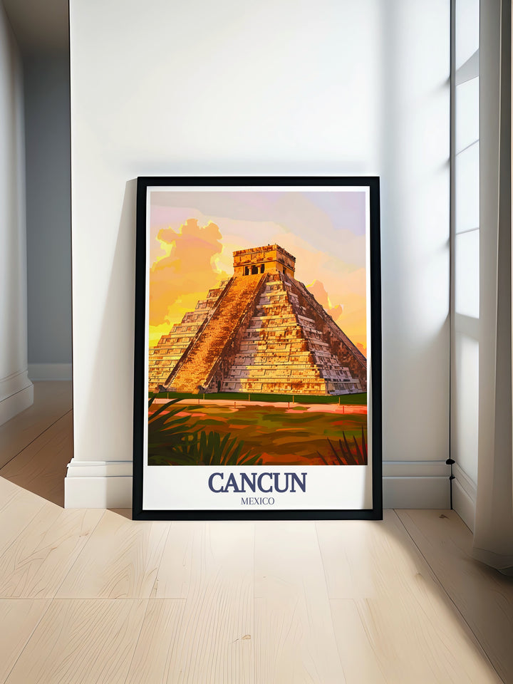 Stunning Cancun print featuring a detailed black and white city map perfect for modern decor including Chichen Itza Pyramid of Kukulkan ideal for adding a touch of elegance and history to your living space with a fine line print that captures Cancun and Chichen Itza