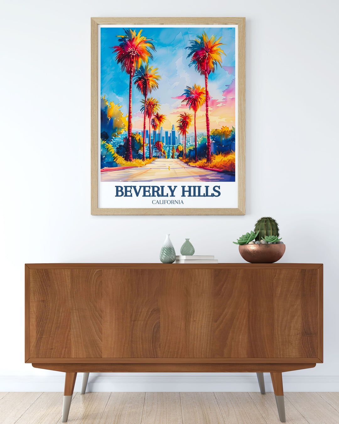 Scenic California travel print showcasing the breathtaking views of Sunset Boulevard and the Los Angeles cityscape, making a perfect gift for anniversaries or birthdays. Brings the beauty of Californias landmarks into your home.
