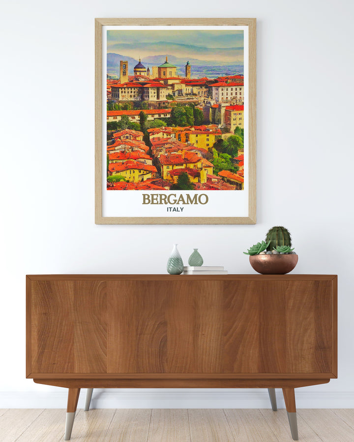 Stunning wall art featuring Città Alta in Bergamo. Showcasing the medieval architecture and panoramic views of this beautiful town. Ideal for art lovers and travelers. Adds elegance to any room. Vivid colors and fine lines.