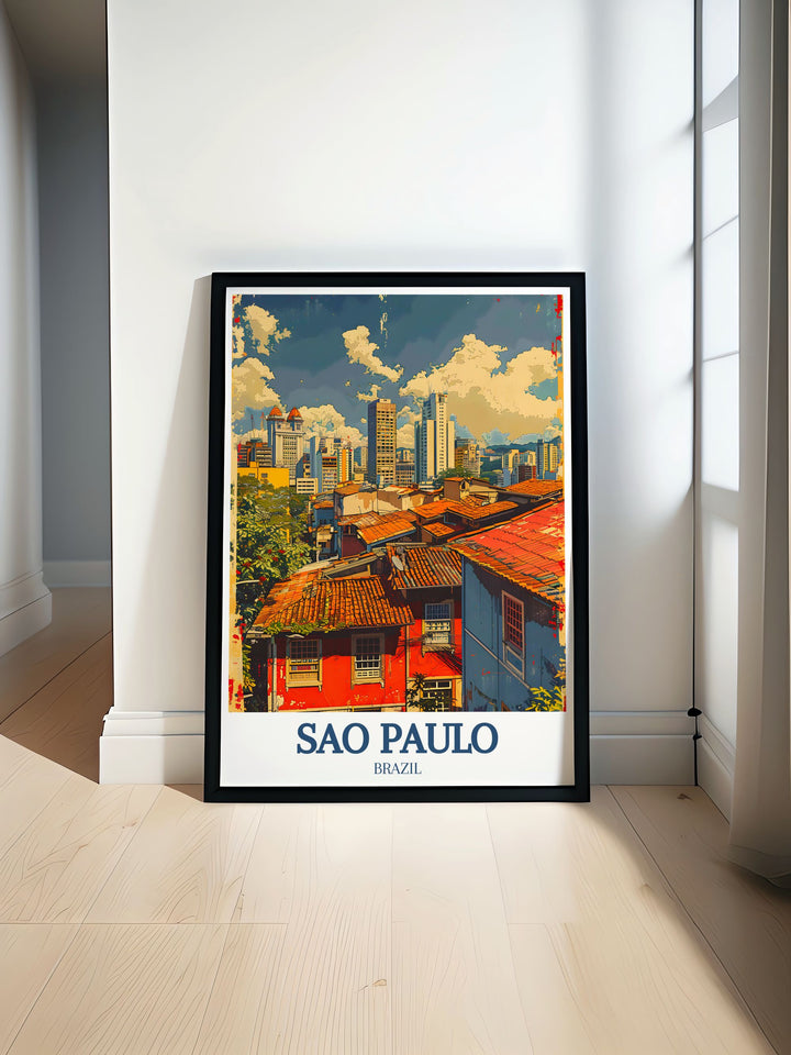Detailed travel poster of the Sao Paulo skyline, capturing the blend of modern and historical architecture, vibrant city lights, and dynamic urban atmosphere of Brazils largest metropolis.