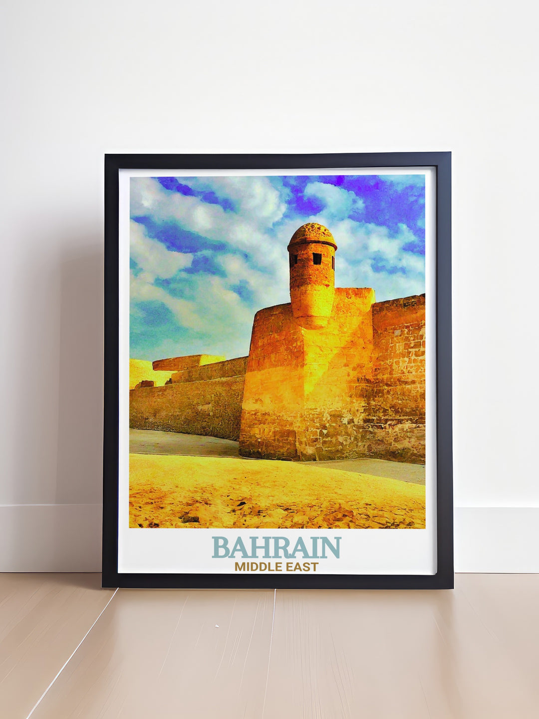 Elegant Bahrain Travel Print of Bahrain Fort capturing the architectural beauty and cultural significance of one of the most famous landmarks in Bahrain.
