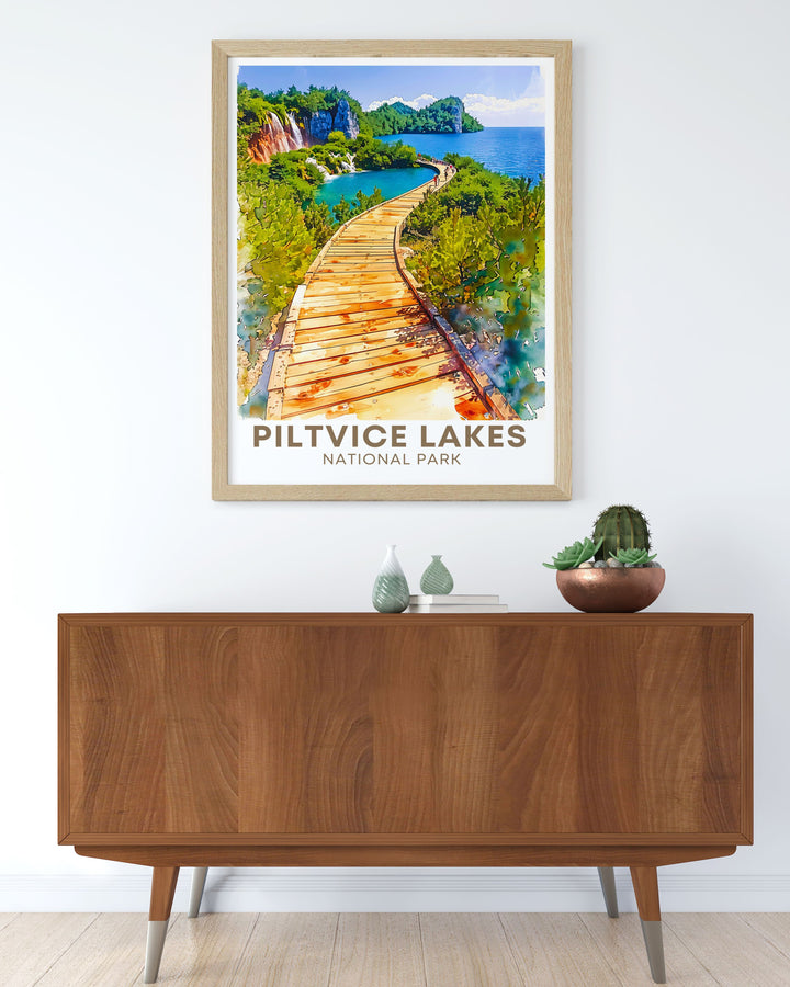 Stunning Plitvice Lakes Boardwalk print capturing the essence of one of Croatias most beautiful national parks this artwork is a great addition to any room bringing the tranquility and vibrant scenery of Plitvice Lakes into your home