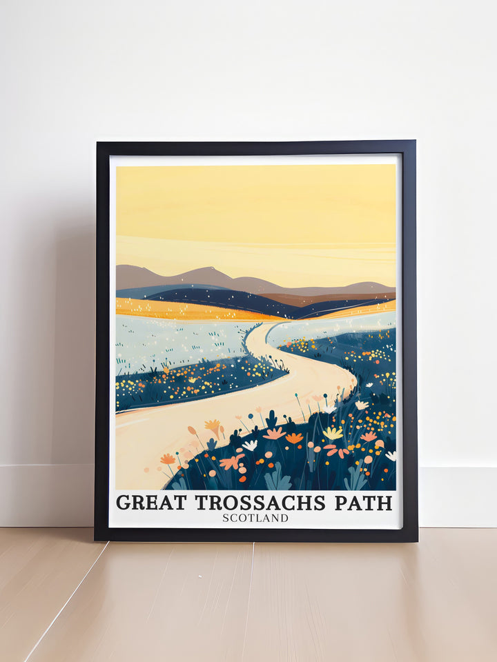 Scottish Highlands landscape art. Capturing the breathtaking views of Scotlands landscapes and the serene beauty of the Trossachs mountains, this scenic art is perfect for anyone looking to enhance their home with the beauty of the Scottish Highlands. Ideal for wall decor.