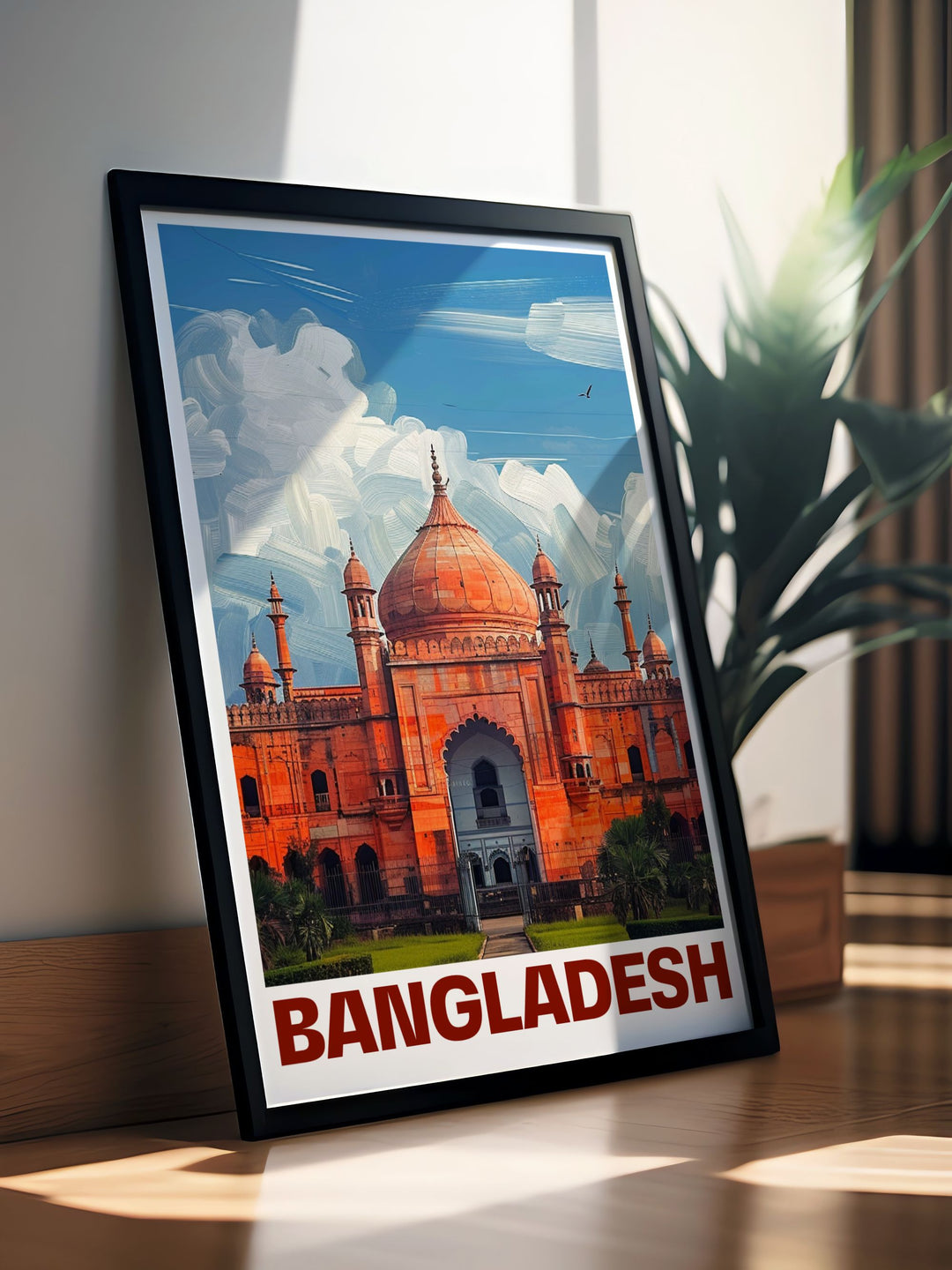 Featuring the iconic structures of Lalbagh Fort, this travel poster captures the majestic beauty of Bangladeshs Mughal heritage, ideal for history buffs and travel enthusiasts.