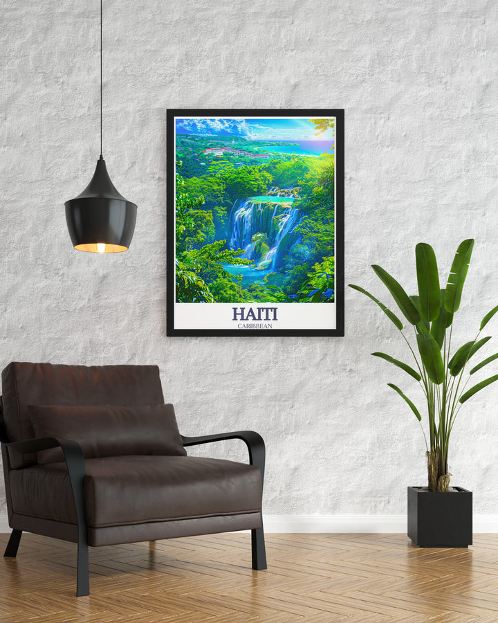 Enjoy the calming waters of Bassin Bleu and the scenic coastline of Labadee with this travel print. A must have for lovers of Haitis stunning natural landmarks, this wall art is perfect for brightening up your living space or gifting to fellow travel enthusiasts.