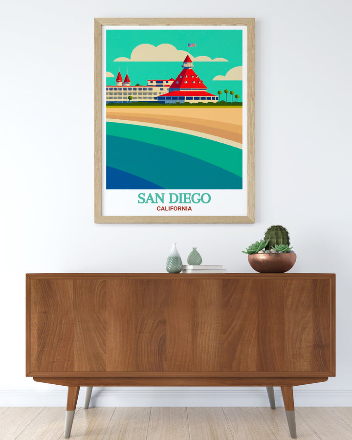 Framed art print of San Diego and Coronado Island, highlighting their unique landscapes and cultural significance. A beautiful addition to any room, celebrating the best of Californias coast.